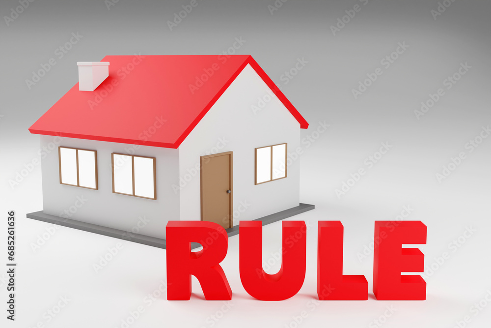 Luxury inscription rule on grey podium with small house, soft light, smooth background, 3d rendering Luxury inscription rule on grey podium with small house, soft light, smooth background, 3d rendering