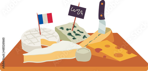 Cheese board. Assortment of french cheeses. Set of vector illustrations. Separated items on a white background. Camembert, brie, gruyère, chèvre, roquefort, morbier