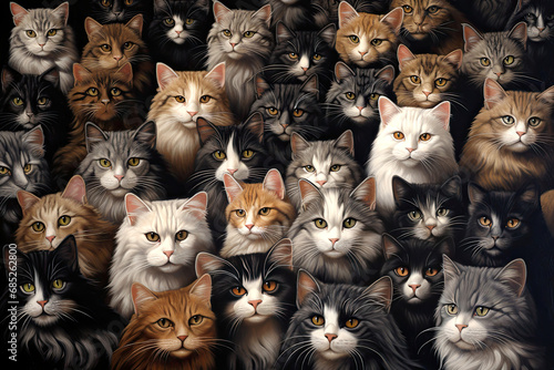 Pattern of many funny heads of cats looking at me in the frame. White, red, striped furry cats illustration.  photo