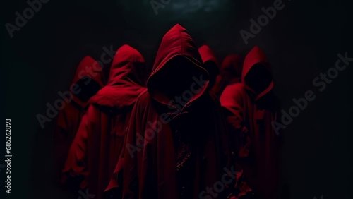 hooded red figures gathering in a dark room. Generative Ai photo