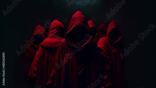 hooded red figures gathering in a dark room. Generative Ai