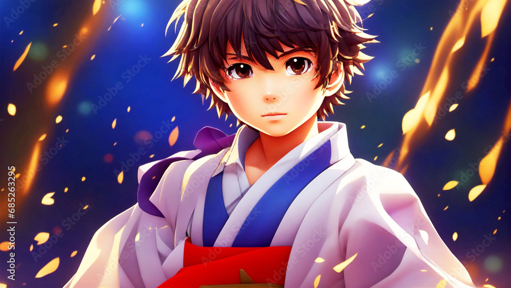 Anime boy in the costume,  japanese culture dress, anime, magical background.