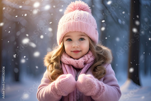 Cute baby girl in pink knitted hat and mittens in winter outdoor with flying snowflakes around her. Winter joy, waiting for a miracle. 