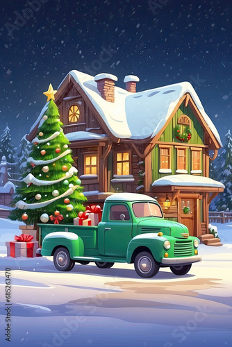 Wallpaper Mural Cartoon green retro Christmas truck with gifts and a Christmas tree in the back near a decorated house in winter with snow. A holiday card for Christmas and New Year.  Torontodigital.ca