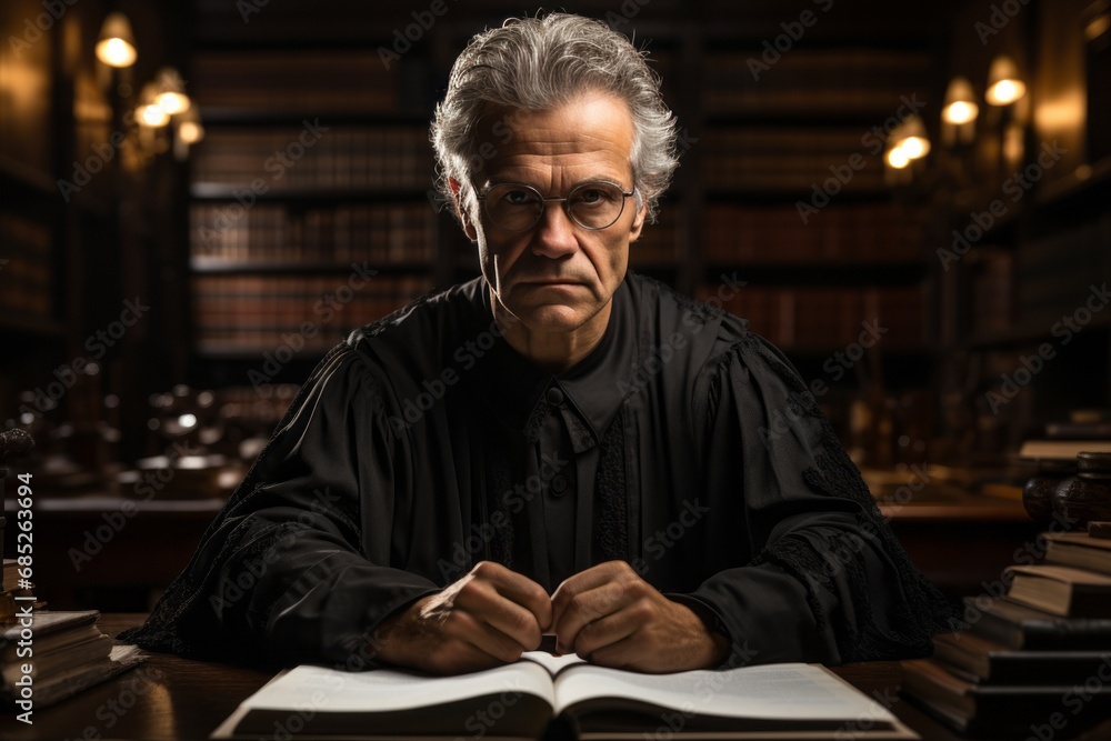 The judge reads the laws and keeps his hands on the book and looks into the frame The judge reads the laws and keeps his hands on the book and looks into the frame