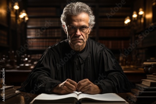 The judge reads the laws and keeps his hands on the book and looks into the frame