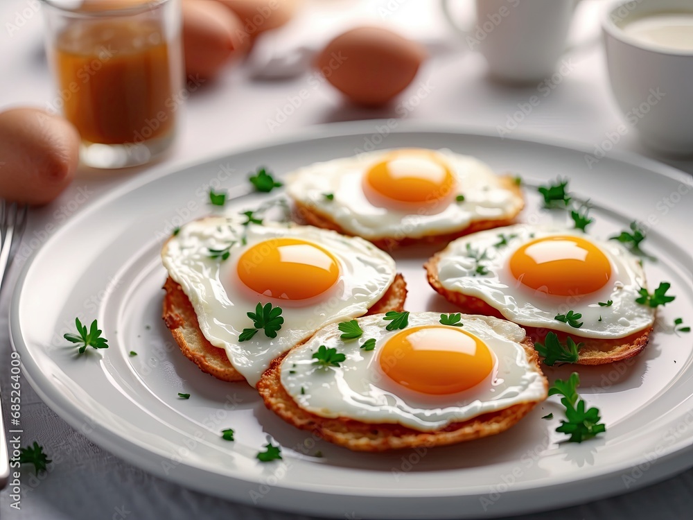 Fried eggs on a white plate with toast and herbs. Traditional delicious breakfast Fried eggs on a white plate with toast and herbs. Traditional delicious breakfast