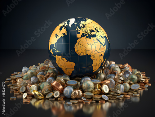 A globe surrounded by various currencies representing global business and trade. photo