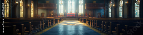 Fotografie, Tablou Interior of a Christian church with sunlight in the rays of the sun