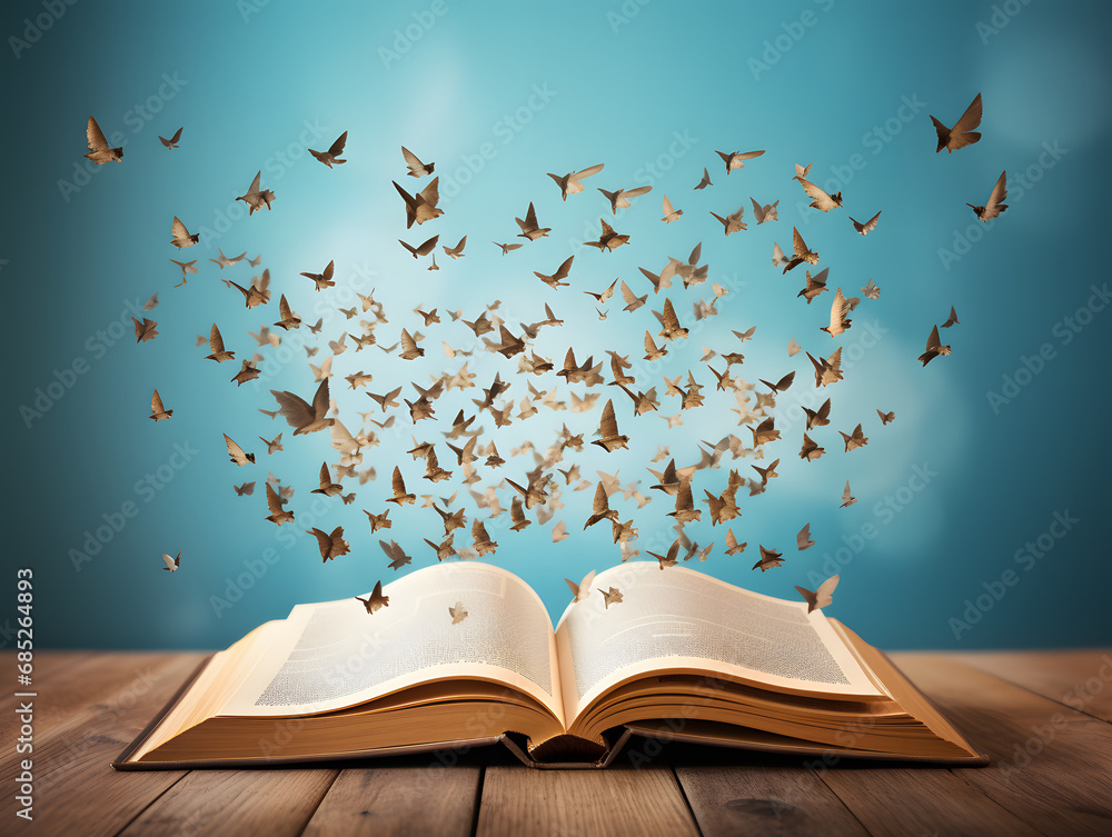 An open book with pages transforming into birds symbolizing the freedom of knowledge in business success. - obrazy, fototapety, plakaty 