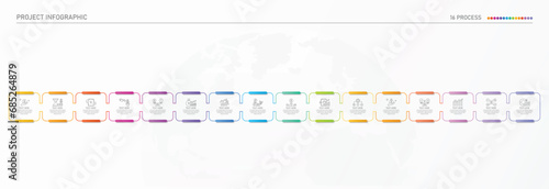 Infographic process design with icons and 16 options or steps.