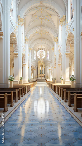 Interior of a Christian church with sunlight in the rays of the sun. No people. Religion concept.