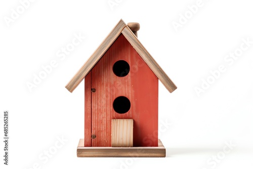 a red bird house with a few round holes