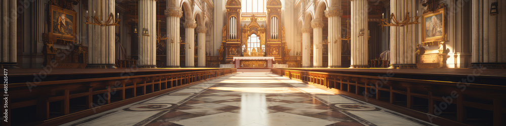 Interior of a Christian church with sunlight in the rays of the sun. No people. Religion concept.