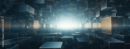 Futuristic cityscape with glowing cube.
