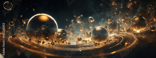 Captivating abstract with gold spheres and water bubbles. photo