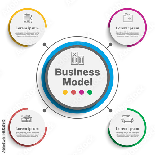 Conceptual business model diagram with 4 steps. Infographic design template for website or presentation.