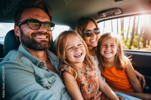 happy couple with their daughters traveling in the car