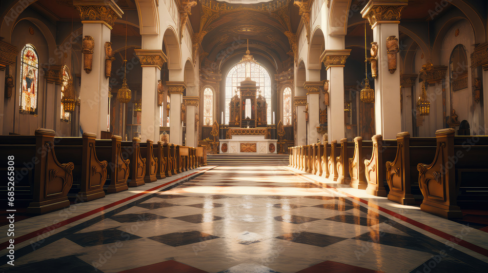 Interior of a Christian church with sunlight in the rays of the sun. No people. Religion concept.