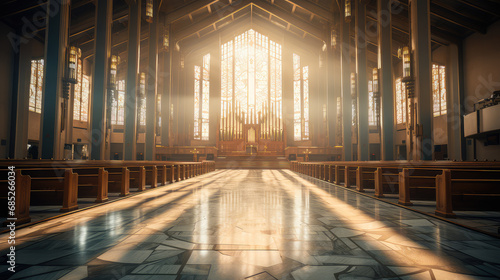 Interior of a Christian church with sunlight in the rays of the sun. No people. Religion concept. photo