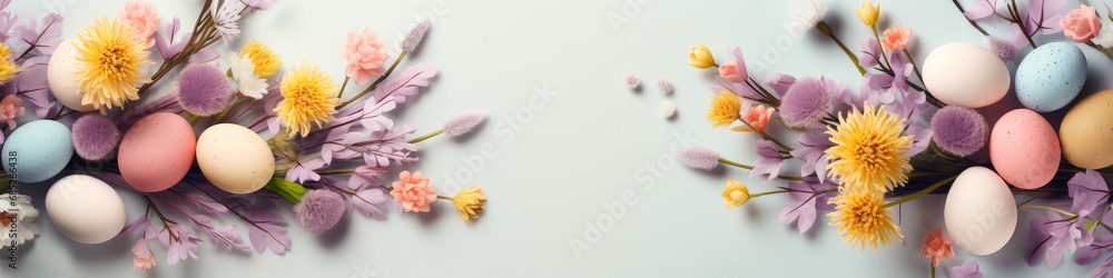 Colorful easter eggs and flowers with copy space. Top view. Colorful easter eggs and flowers with copy space. Top view.