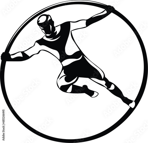Cartoon Black and White Isolated Illustration Vector Of A Circus Performer Standing In An Aerial Hoop