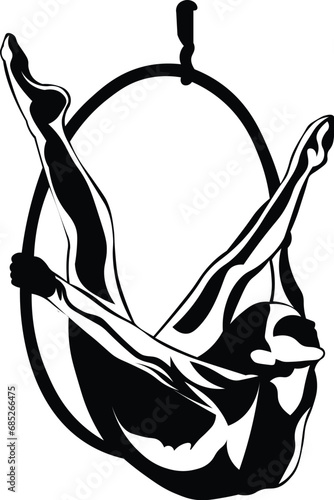 Cartoon Black and White Isolated Illustration Vector Of A Circus Performer laying on an Aerial Hoop