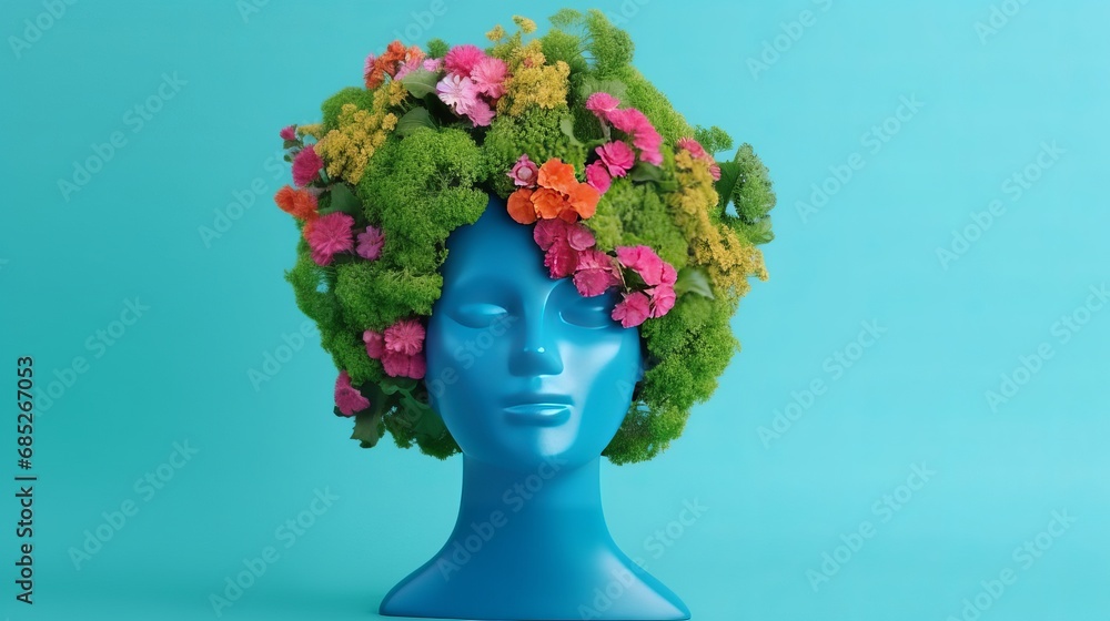 Mannequin head with beautiful flowers and green leaves in hair