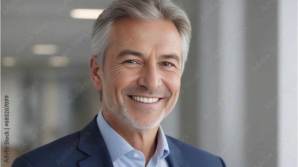 Cheerful middle-aged senior business executive stands confidently in his office. Smiling professional manager, a confident businessman and investor, close-up shot. generativ ai Cheerful middle-aged senior business executive stands confidently in his office. Smiling professional manager, a confident businessman and investor, close-up shot. generativ ai