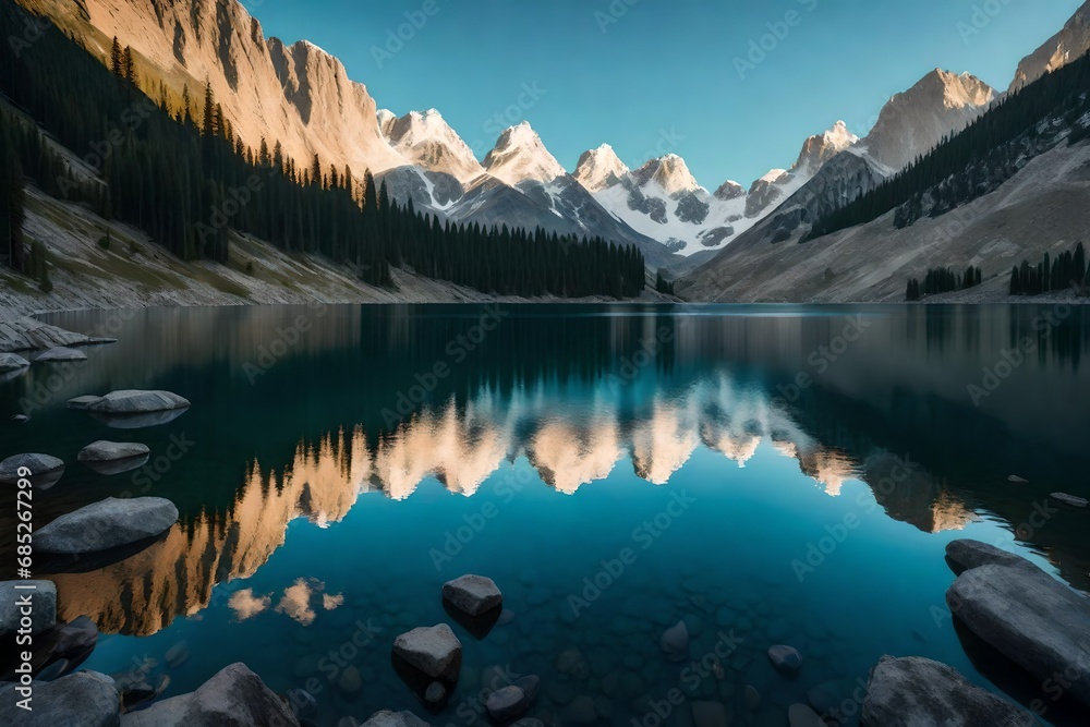 A pristine mountain lake, reflecting the sky in high definition