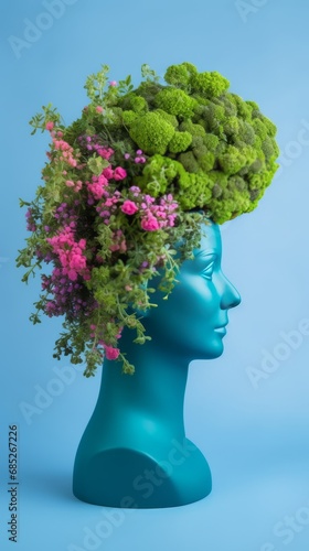 Mannequin head with beautiful flowers and green leaves in hair