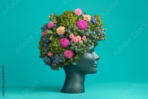 Mannequin head with beautiful flowers and green leaves in hair © Ilia