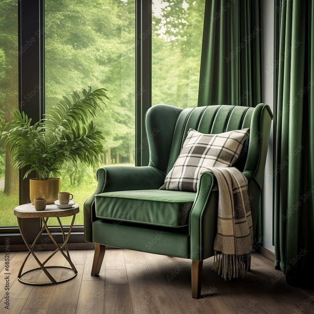 Green wingback chair near window. Classic home interior design of living room, Generative AI Green wingback chair near window. Classic home interior design of living room, Generative AI