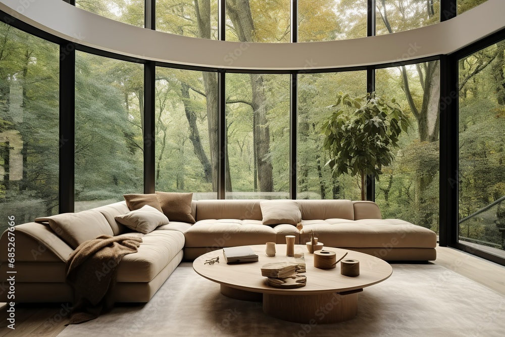 Fototapeta premium Beige corner sofa in room with round floor to ceiling window. Minimalist home interior design of modern living room in house in forest, Generative AI