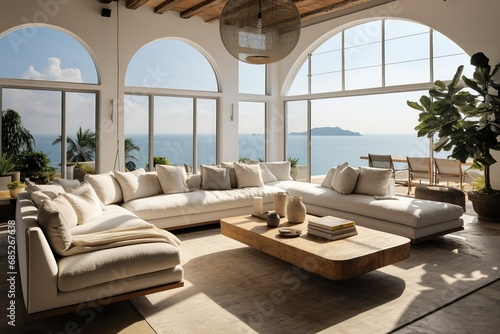 Mediterranean style home interior design of modern living room with sea view, Generative AI © Eduardo