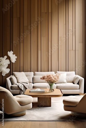 Beige sofa and armchairs against wood paneling wall. Minimalist home interior design of modern living room, Generative AI