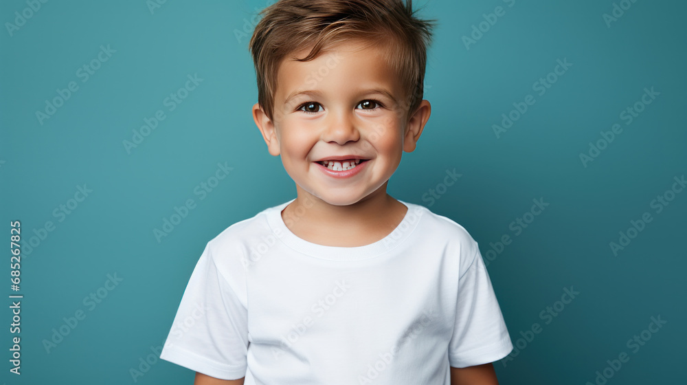 European child 4-5 years old close-up in a white T-shirt without a pattern against the background of a colored wall, mockup for the presentation of a children's product European child 4-5 years old close-up in a white T-shirt without a pattern against the background of a colored wall, mockup for the presentation of a children's product