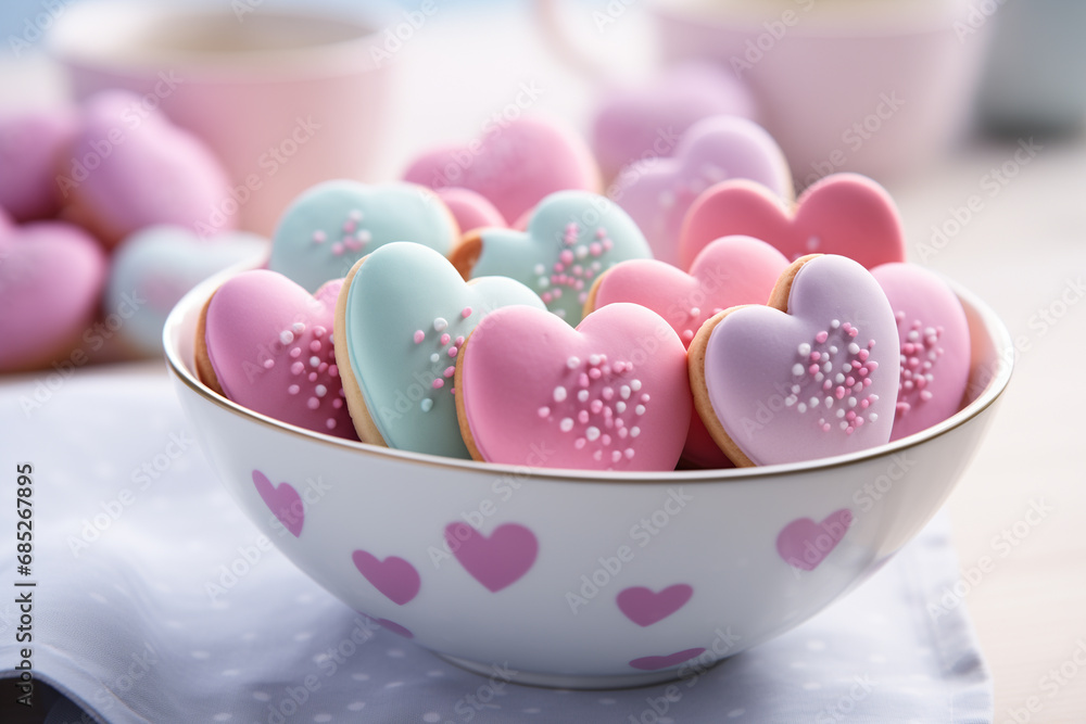 Close-Up of Colorful Heart-Shaped Cookies: Pastel Sweet Creations for Valentine's, Anniversaries, and Love-Filled Occasions. Close-Up of Colorful Heart-Shaped Cookies: Pastel Sweet Creations for Valentine's, Anniversaries, and Love-Filled Occasions.
