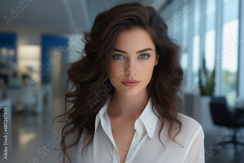 Portrait Photo of an Elegant Young Woman Brunette Posing in the Office in White Shirt. Close-Up of a Female Manager and Businesswoman.