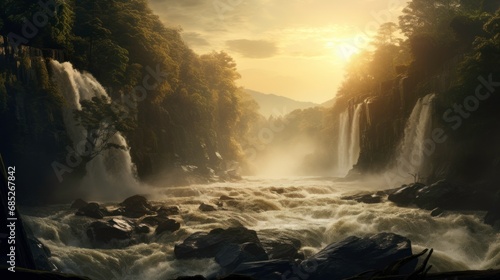 Waterfall with beautiful sunlight in the morning.