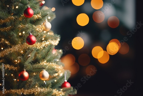 Festive Christmas Tree with Beautifully Decorated Branches on a Delightfully Blurred Background