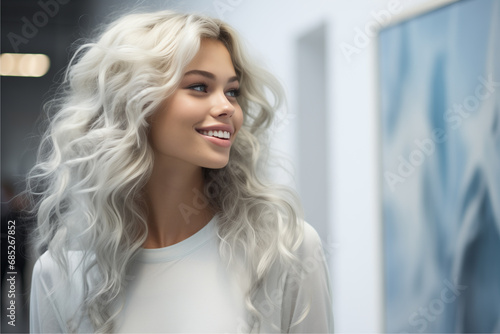 Gallery Event: Close-Up Portrait of a Young Platinum Blonde Woman Contemplating Painting in an Art Exhibition.