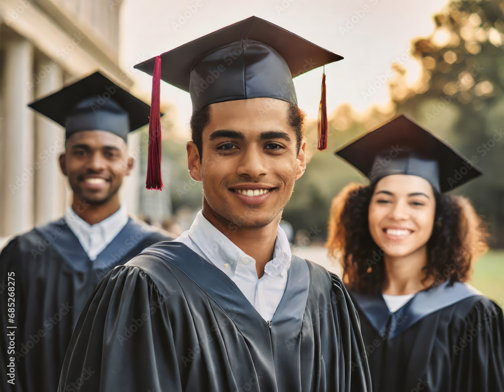Joyful college graduates in gowns and mortarboards Joyful college graduates in gowns and mortarboards