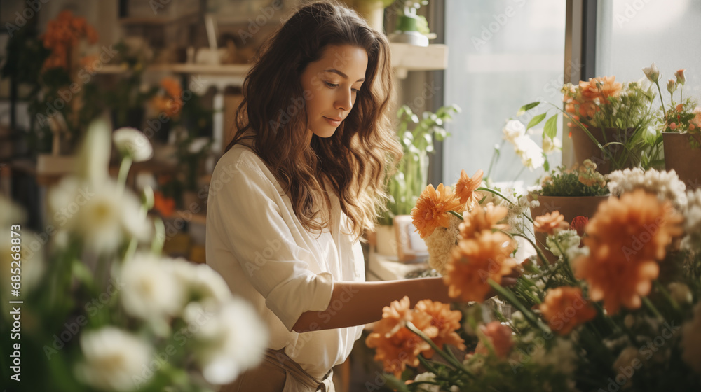 A florist girl creates a bouquet of flowers. Flower shop. Beautiful bright fresh flowers. Small business owner. Business woman. Holiday gift. Creative workspace. Generated AI