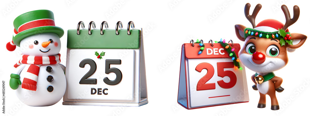 25 December christmas Calendar with Snowman and reindeer on transparent background 25 December christmas Calendar with Snowman and reindeer on transparent background