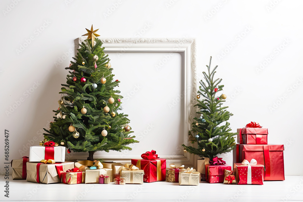 Traditional framing christmas tree and gift boxes on a white background. Greeting card for Christmas and New Year with copy space and mock up