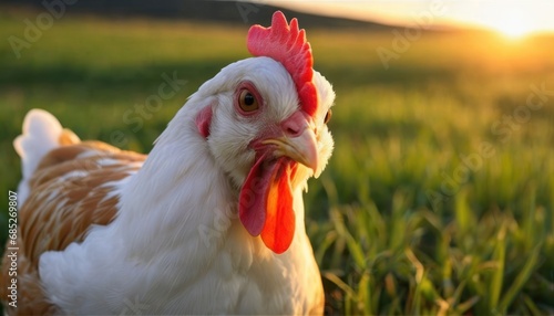  a close up of a chicken in a field of grass with the sun in the background and a field of grass in the foreground with a red and white rooster in the foreground.