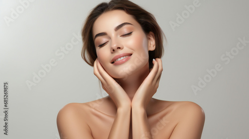 beautiful young woman lightly touching face with hands on white background  clean glowing skin