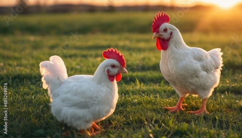  a couple of white chickens standing on top of a lush green grass covered field next to a field of green grass with a bright sun in the distance behind them.