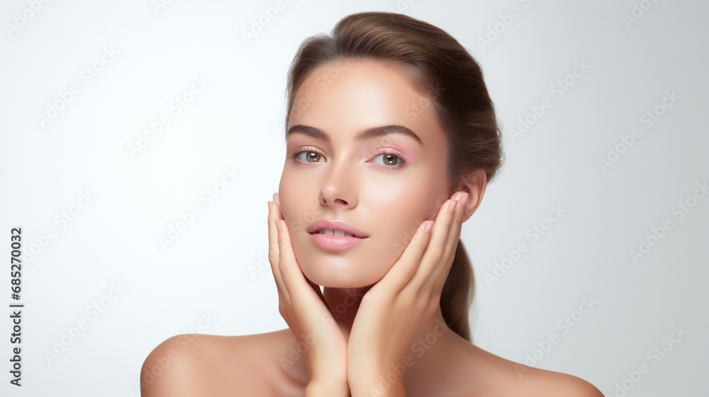 beautiful young woman lightly touching face with hands on white background, clean glowing skin beautiful young woman lightly touching face with hands on white background, clean glowing skin